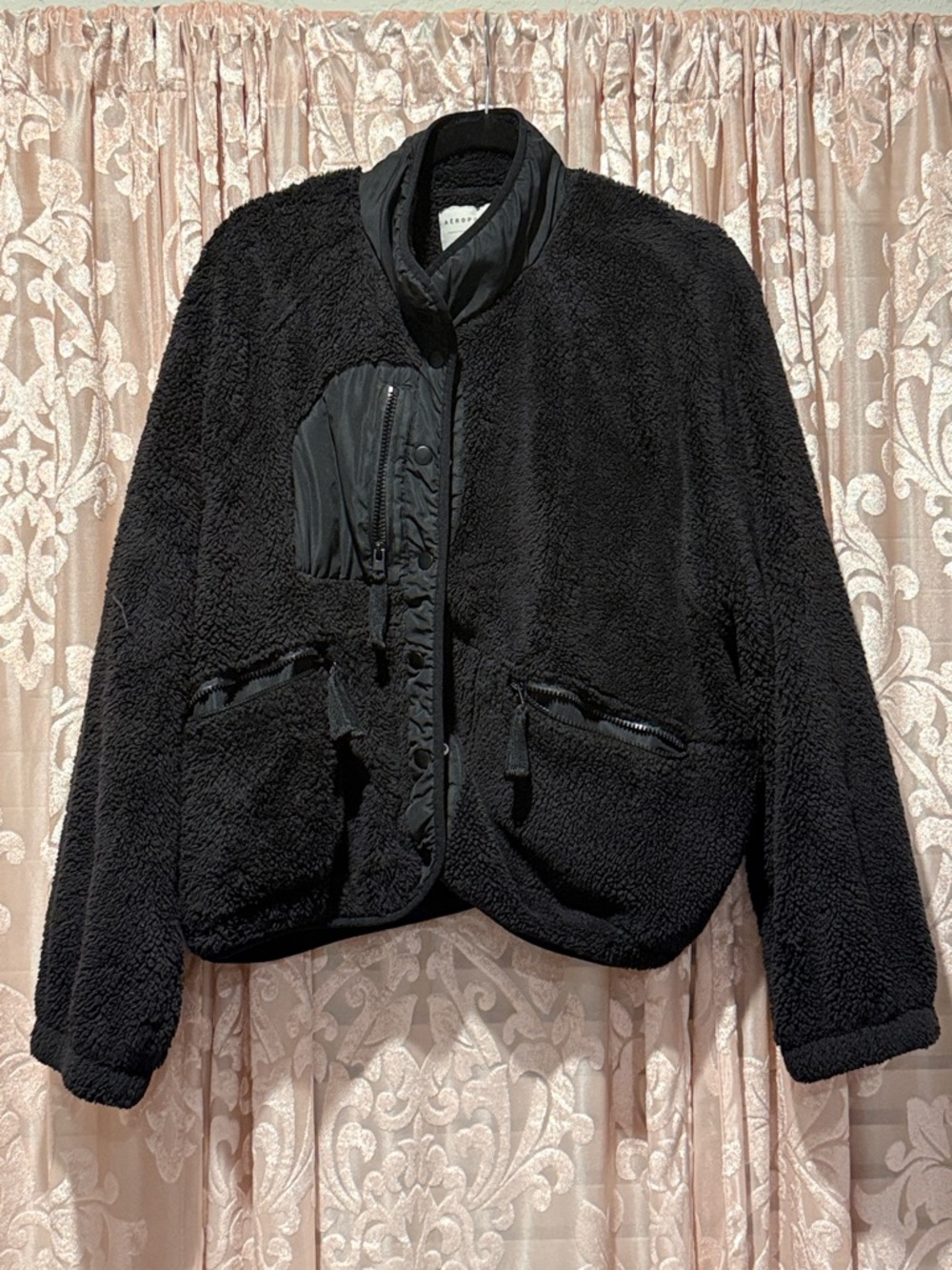 Aeropostale Black Sherpa Jacket with Quilted Trim - Women